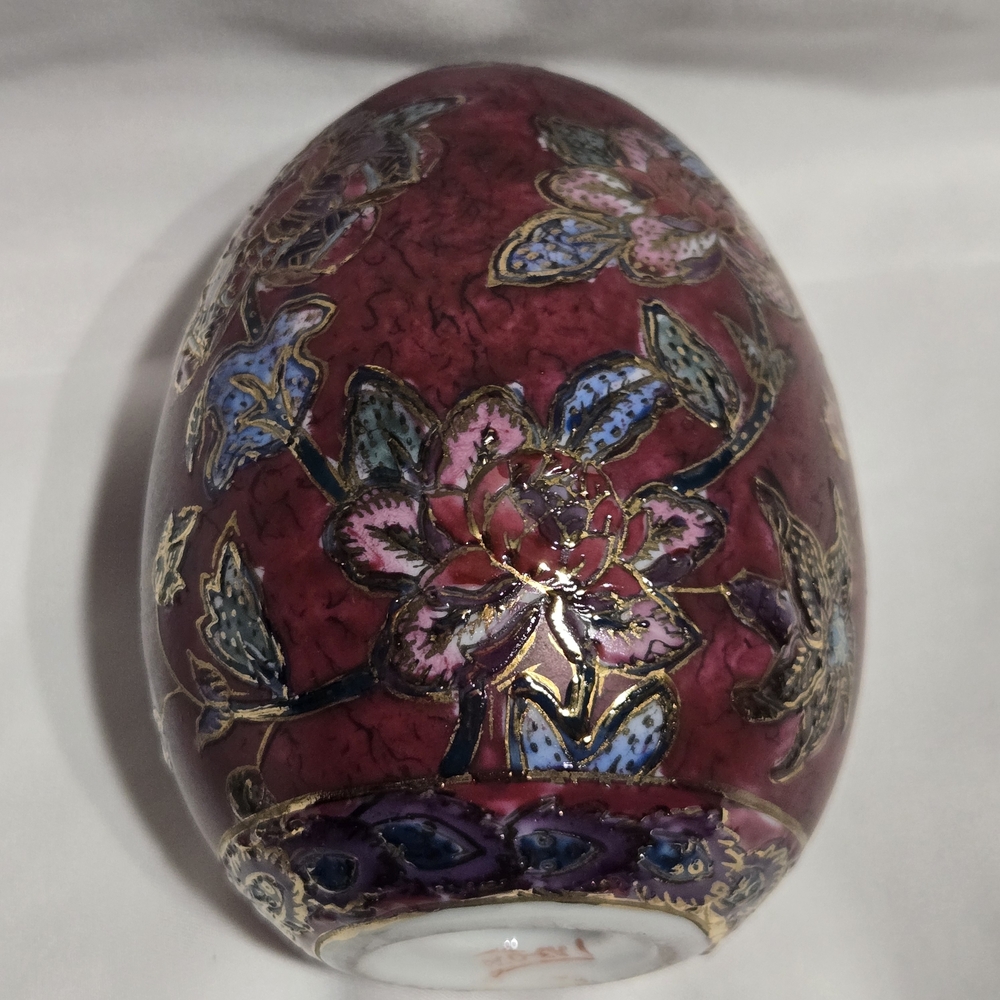 Source Unknown Burgundy Ceramic Egg with Floral Design